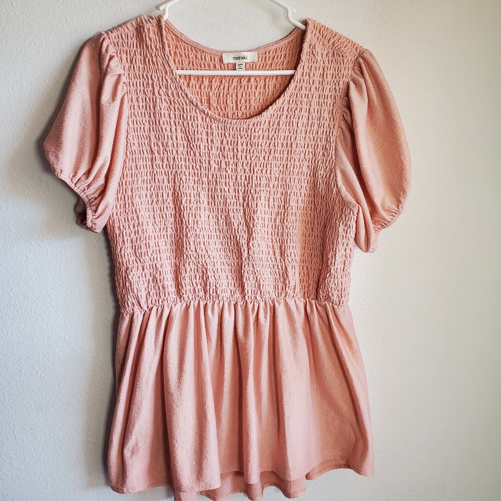 Meraki Soft Pink Scrunch Stretch‎ Summer Short Sleeve Womans Top Large